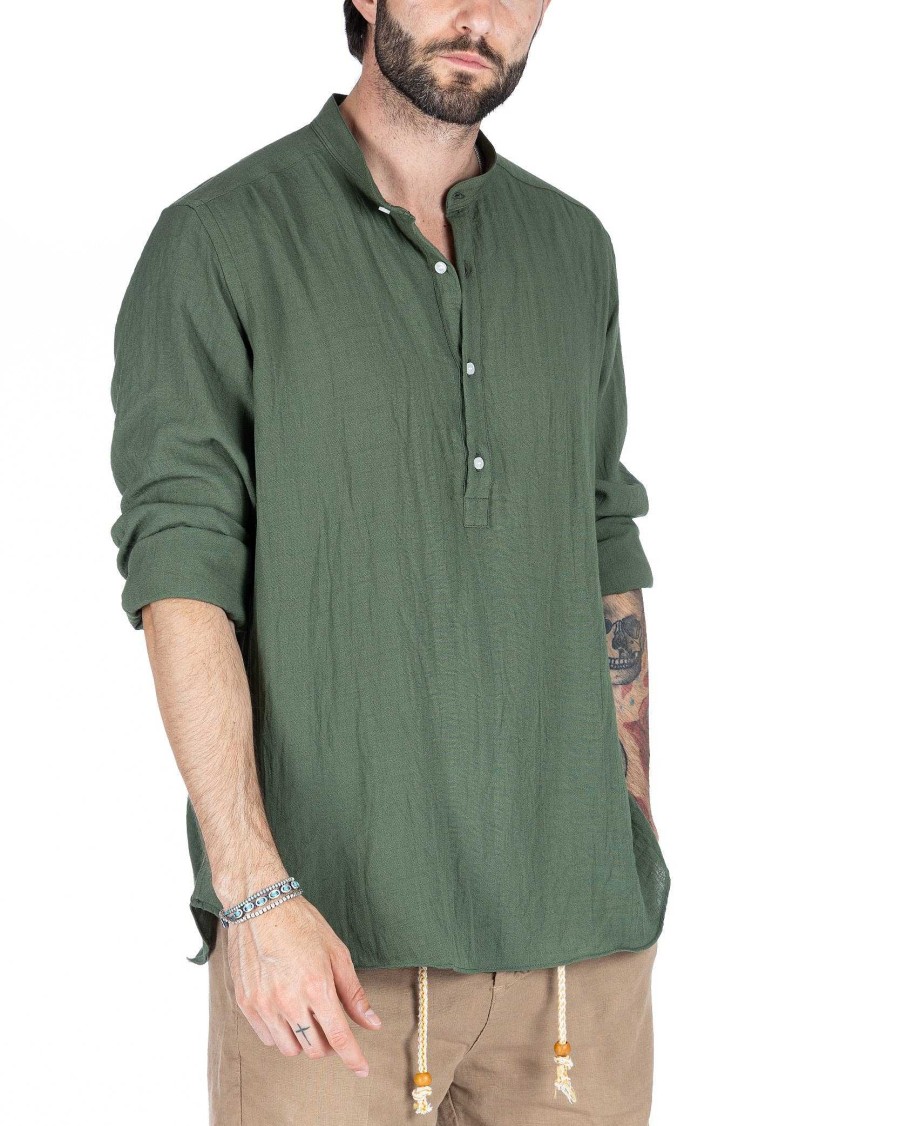 Abbigliamento SAVEONE Camicie | Serafino - Camicia Cinque Bottoni In Lino Verde