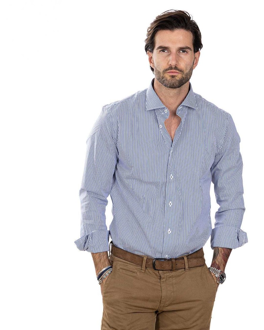 Abbigliamento SAVEONE Camicie | Camicia - Slim Fit Riga Stretta Blu