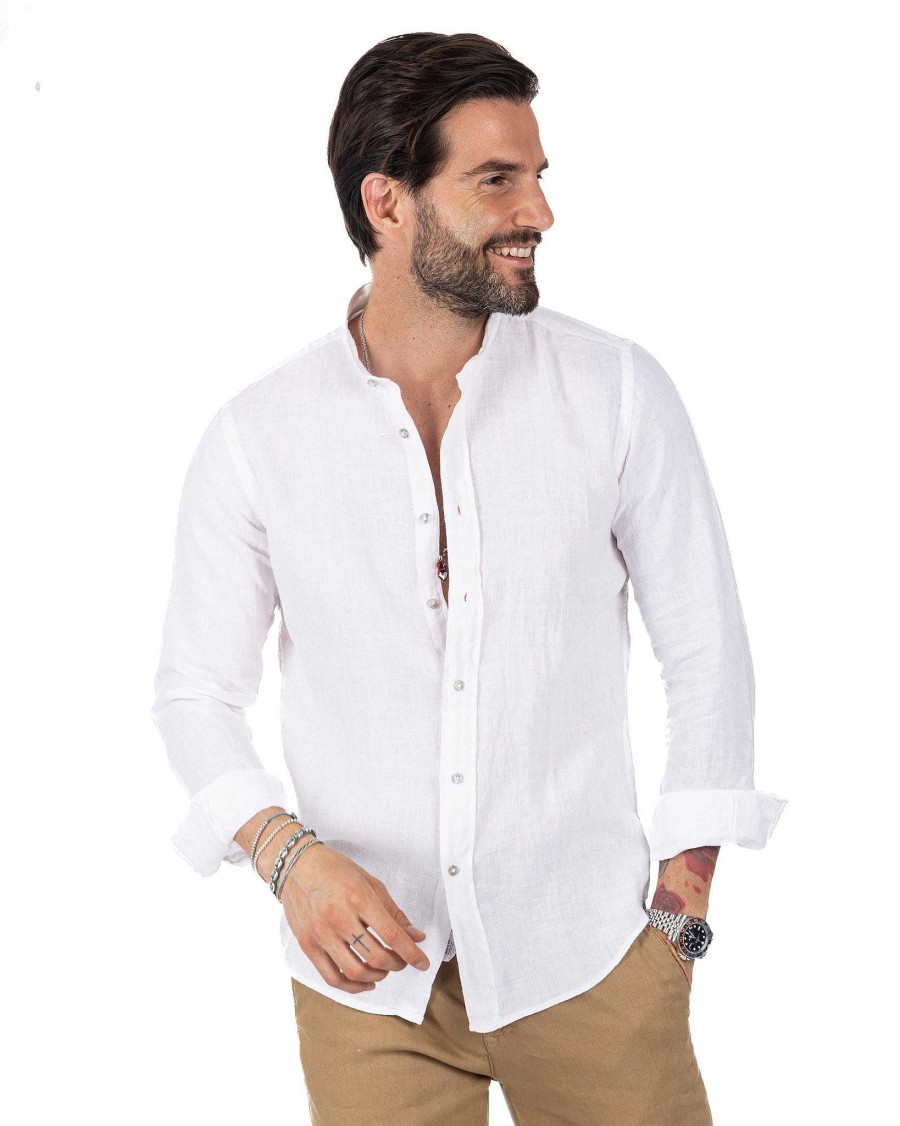 Abbigliamento SAVEONE Camicie | Nizza - Camicia Coreana In Puro Lino Bianco