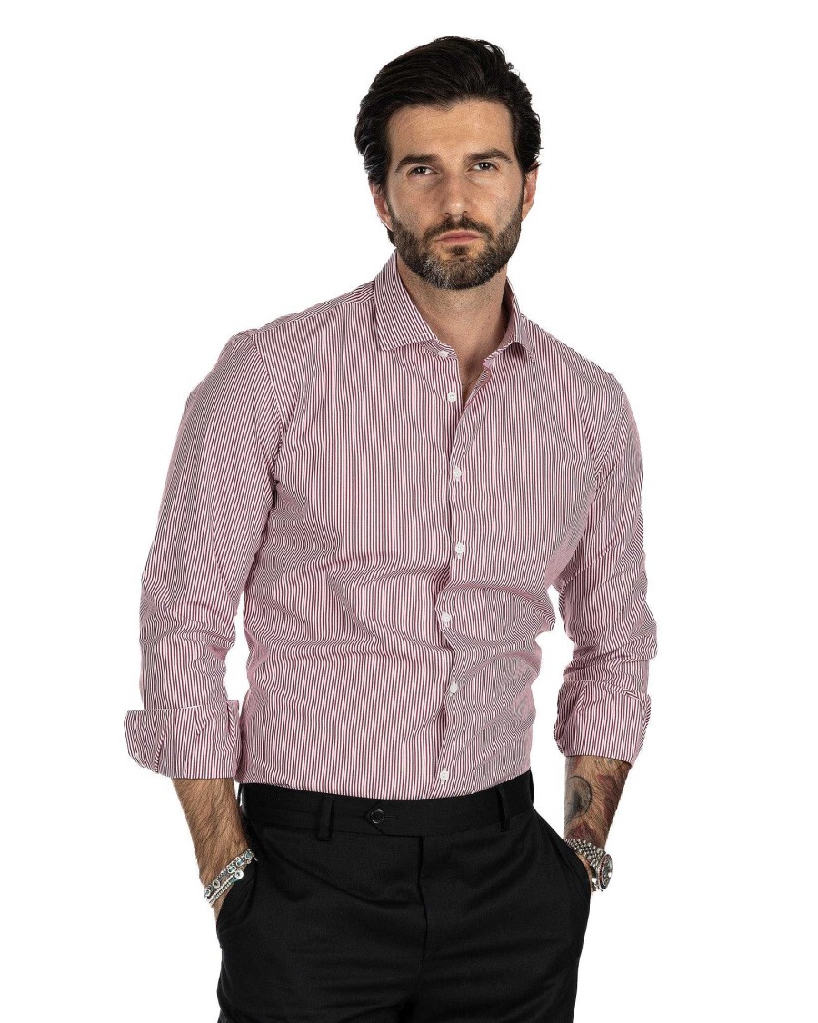 Abbigliamento SAVEONE Camicie | Camicia - Slim Fit Riga Stretta Bordeaux