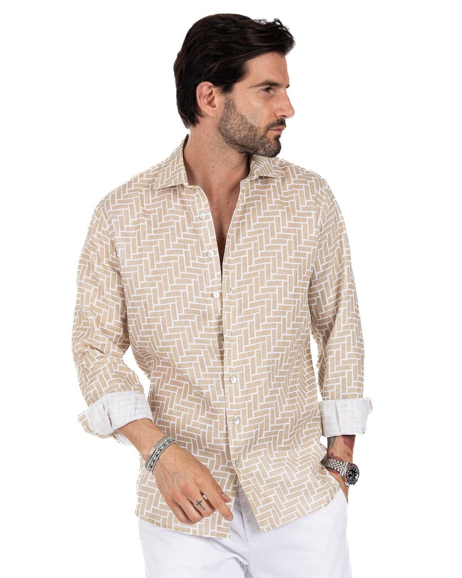 Abbigliamento SAVEONE Camicie | Riggiola - Camicia Stampata Beige In Lino