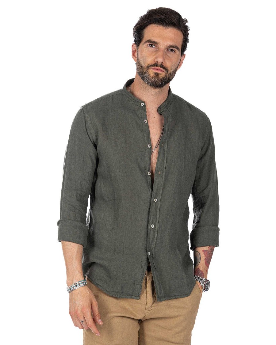 Abbigliamento SAVEONE Camicie | Nizza - Camicia Coreana In Puro Lino Militare