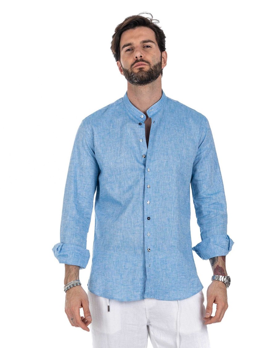 Abbigliamento SAVEONE Camicie | Positano - Camicia Coreana In Lino Turchese