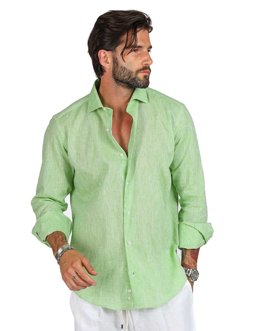 Abbigliamento SAVEONE Camicie | Praiano - Camicia Classica Verde Mela In Lino