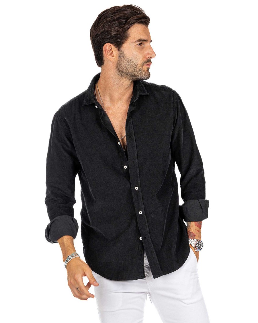 Abbigliamento SAVEONE Camicie | Vega - Camicia Nera In Velluto Mille Righe