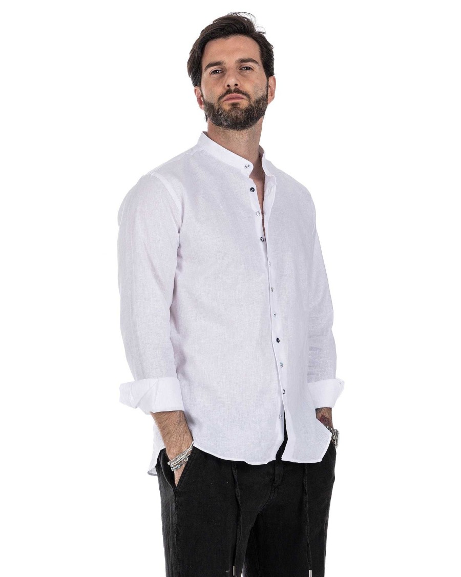 Abbigliamento SAVEONE Camicie | Positano - Camicia Coreana In Lino Bianco