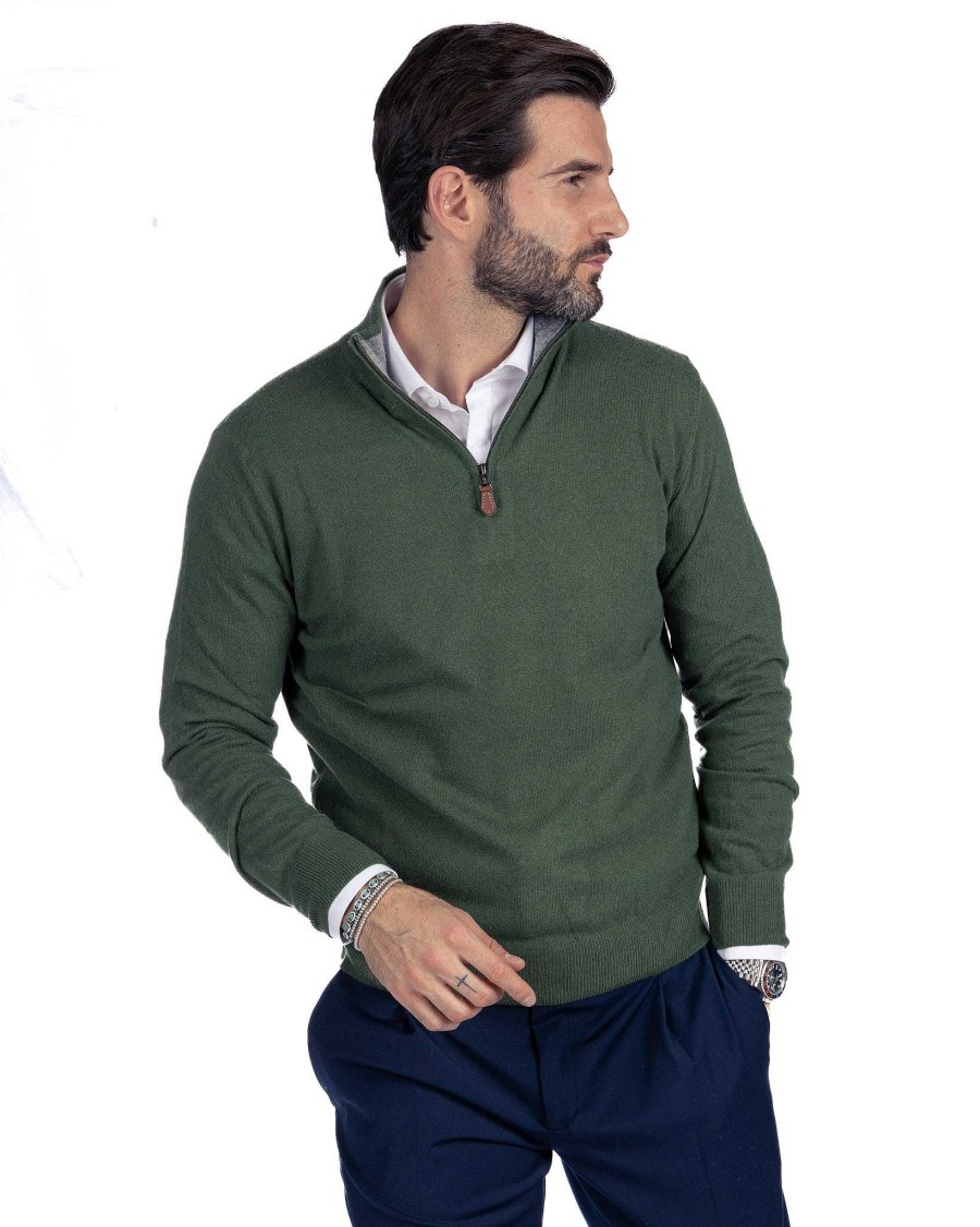 Abbigliamento SAVEONE Maglioni | Rory - Maglione Verde Con Zip In Misto Cachemire