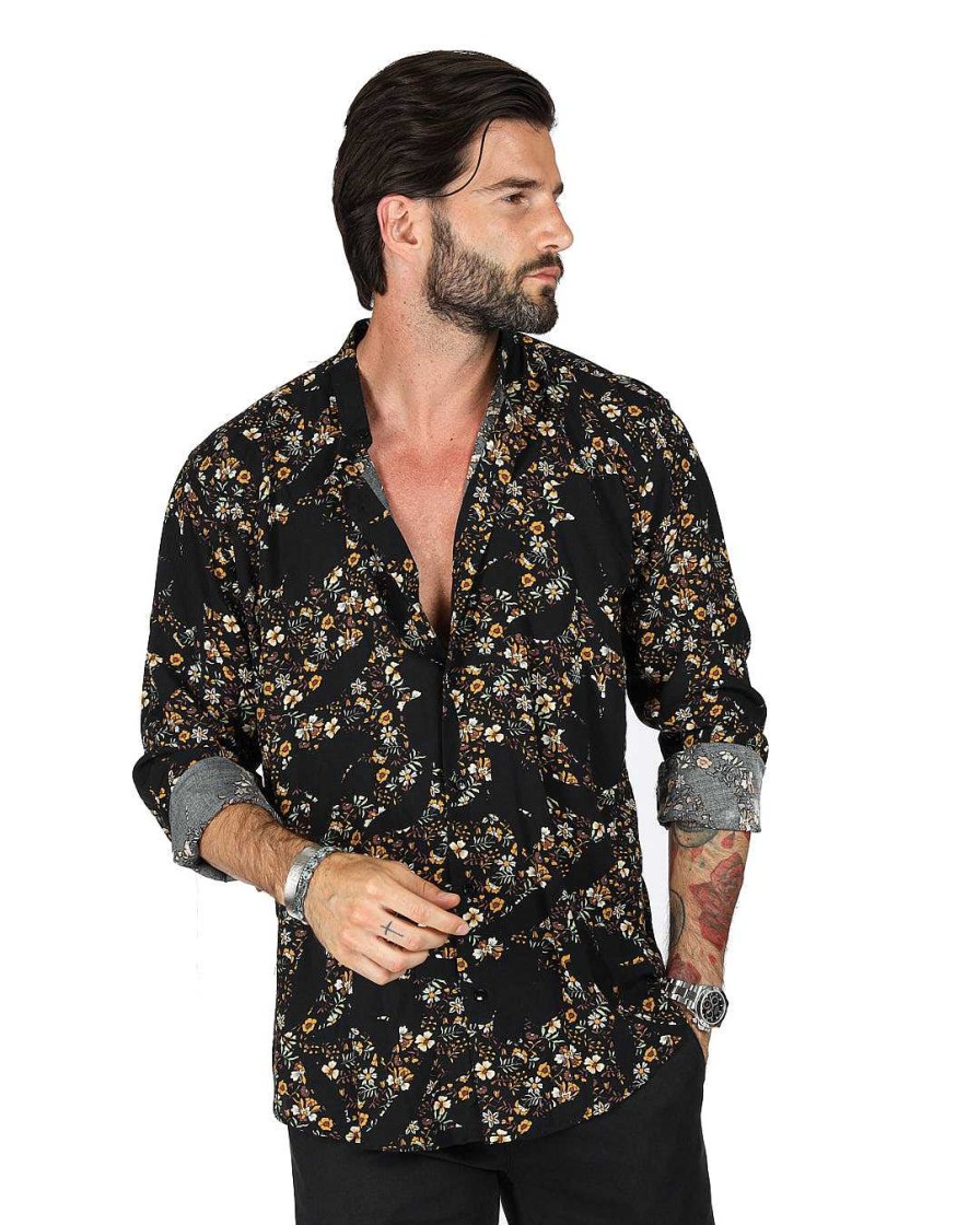 Abbigliamento SAVEONE Camicie | Curacao - Camicia Coreana Fantasia Floreale Marrone