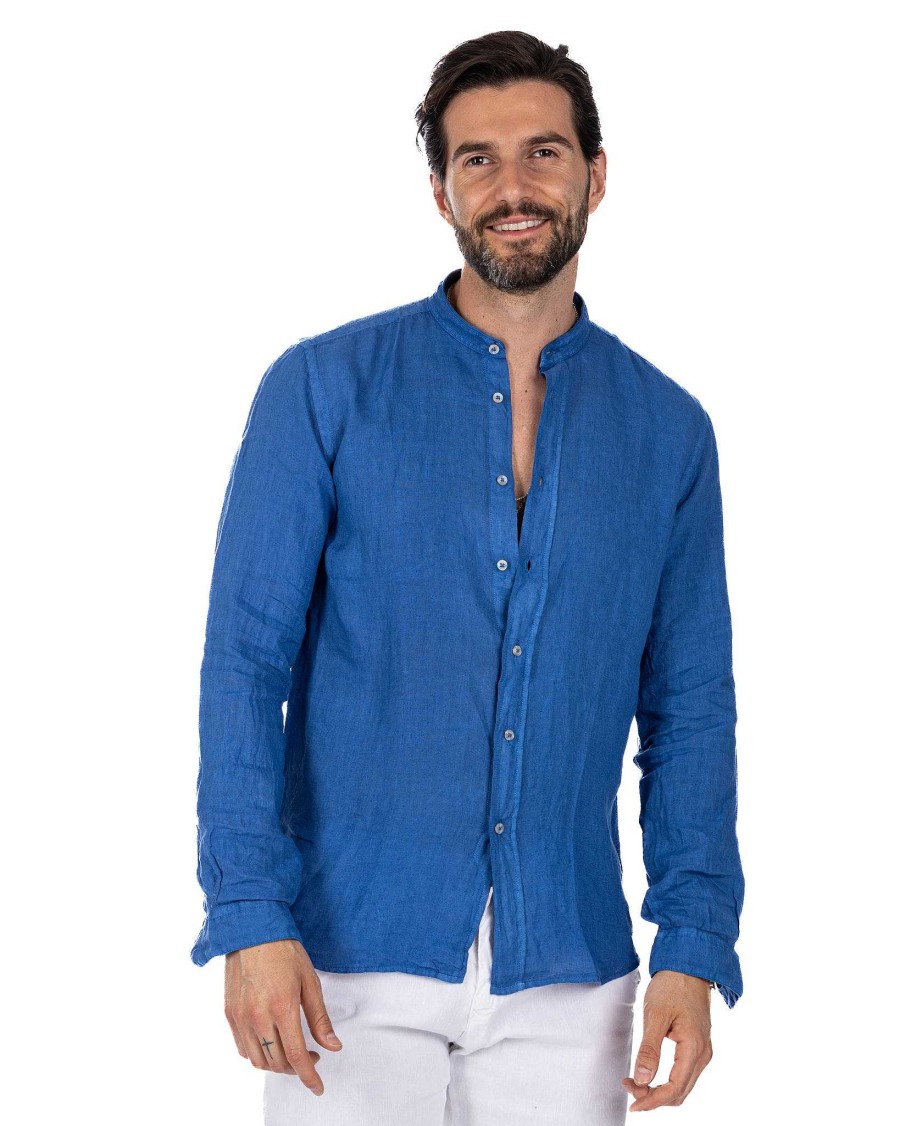 Abbigliamento SAVEONE Camicie | Nizza - Camicia Coreana In Puro Lino Royal