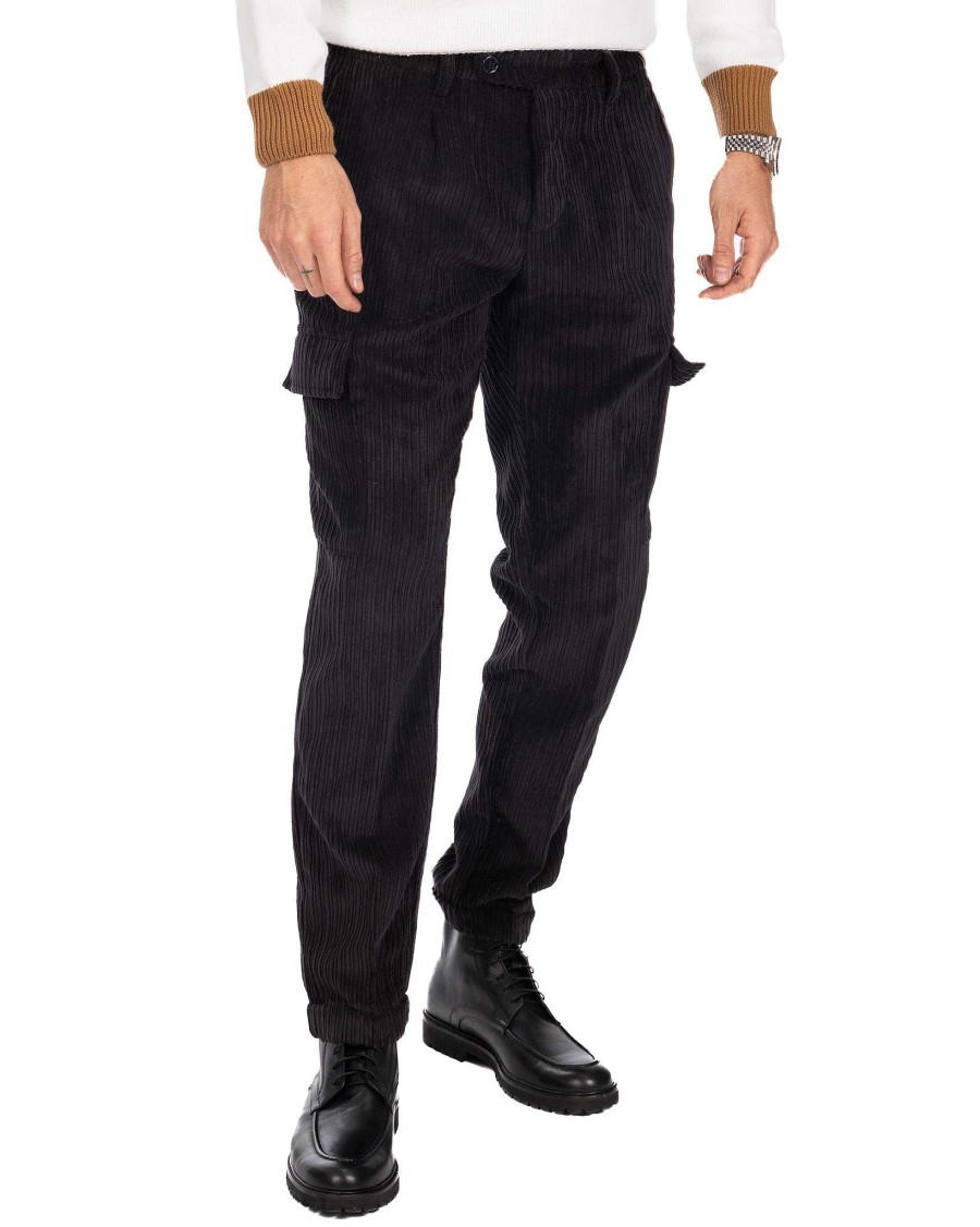 Abbigliamento SAVEONE Pantaloni | Amburgo - Pantalone Cargo In Velluto Nero