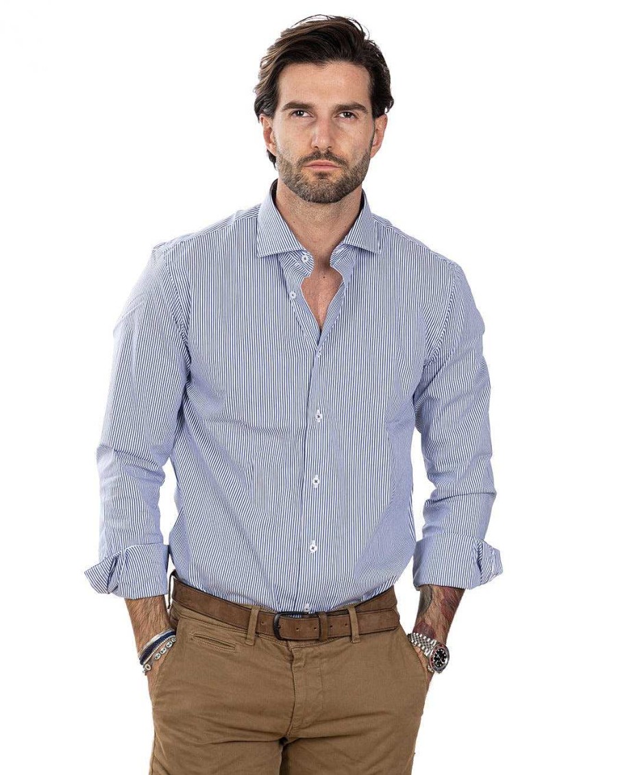 Abbigliamento SAVEONE Camicie | Camicia - Basic Classica Riga Stretta Blu In Cotone