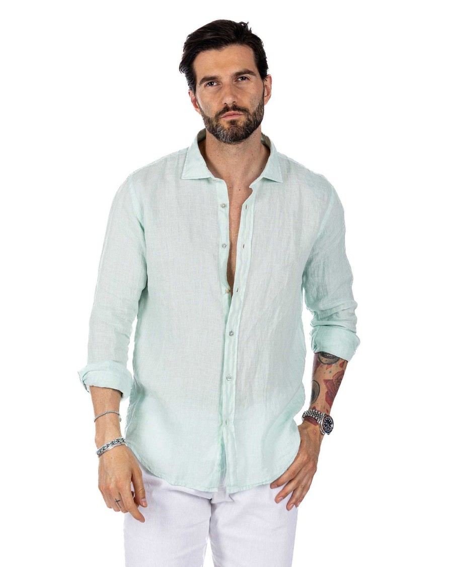 Abbigliamento SAVEONE Camicie | Montecarlo - Camicia In Puro Lino Verde Chiaro