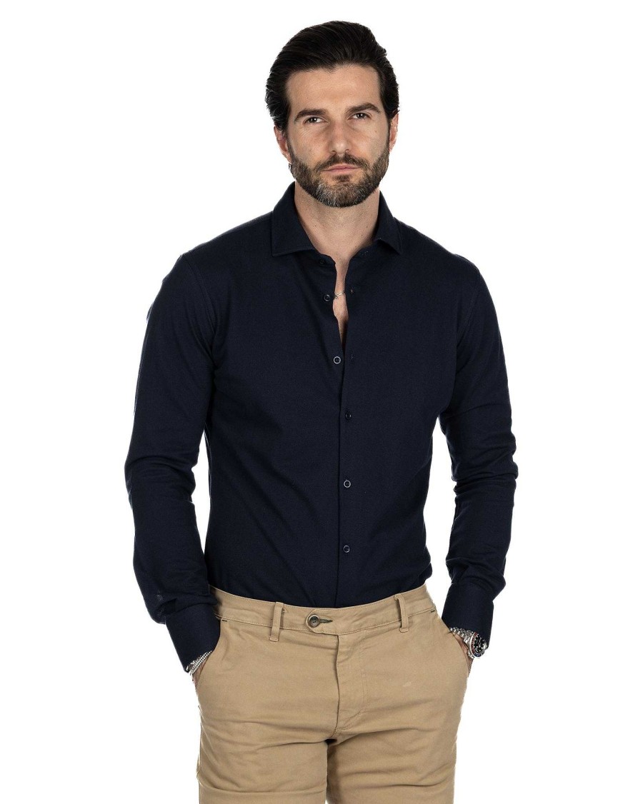 Abbigliamento SAVEONE Camicie | Camicia - Slim Fit Blu Navy In Jersey