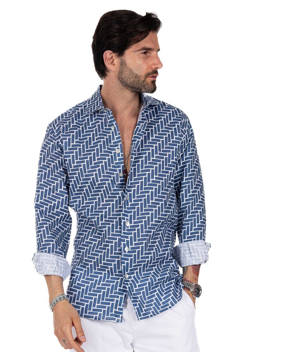 Abbigliamento SAVEONE Camicie | Riggiola - Camicia Stampata Blu In Lino