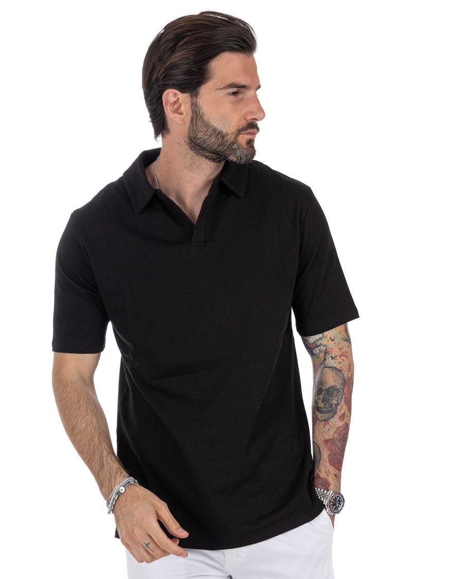 Abbigliamento SAVEONE Polo | Drew - Polo Nera Basic In Cotone