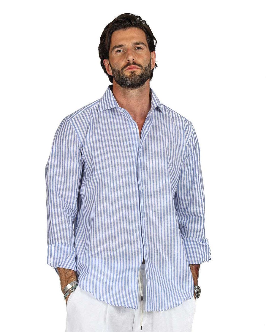 Abbigliamento SAVEONE Camicie | Ischia - Camicia Classica Righe Strette Azzurre In Lino