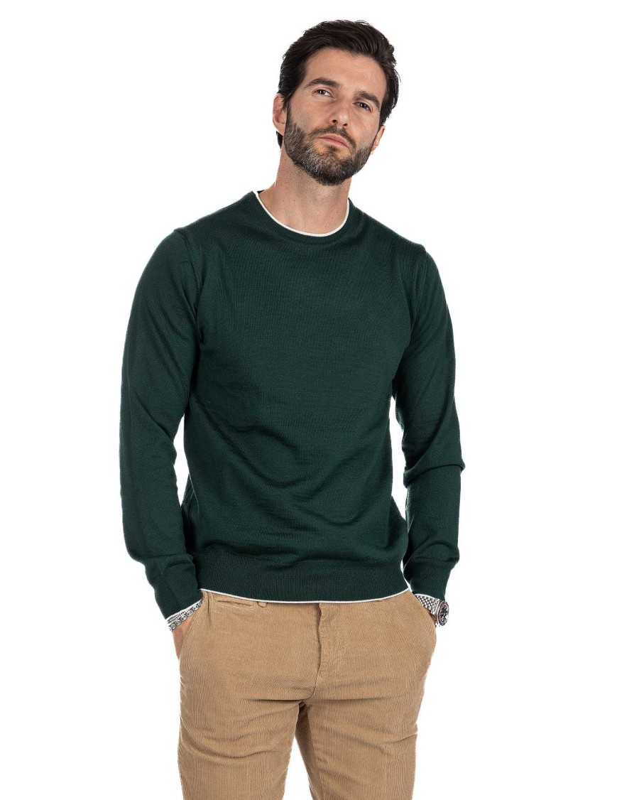 Abbigliamento SAVEONE Maglioni | Seve - Maglione Verde Con Bordo Panna