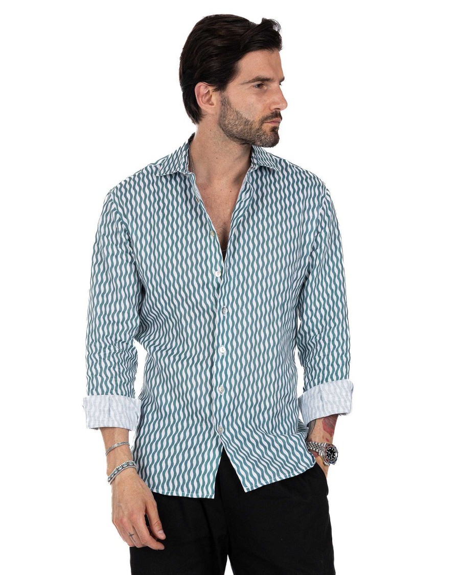 Abbigliamento SAVEONE Camicie | Onda - Camicia Stampata Verde In Lino