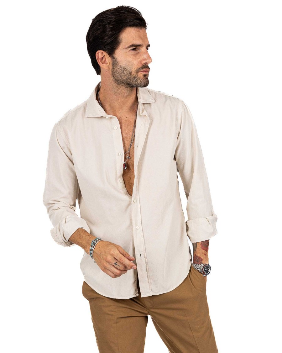 Abbigliamento SAVEONE Camicie | Vega - Camicia Beige In Velluto Mille Righe