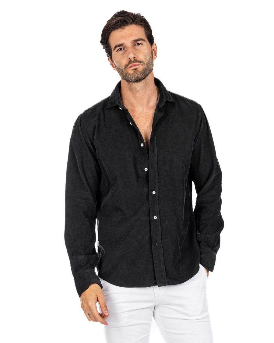 Abbigliamento SAVEONE Camicie | Vega - Camicia Nera In Velluto Mille Righe