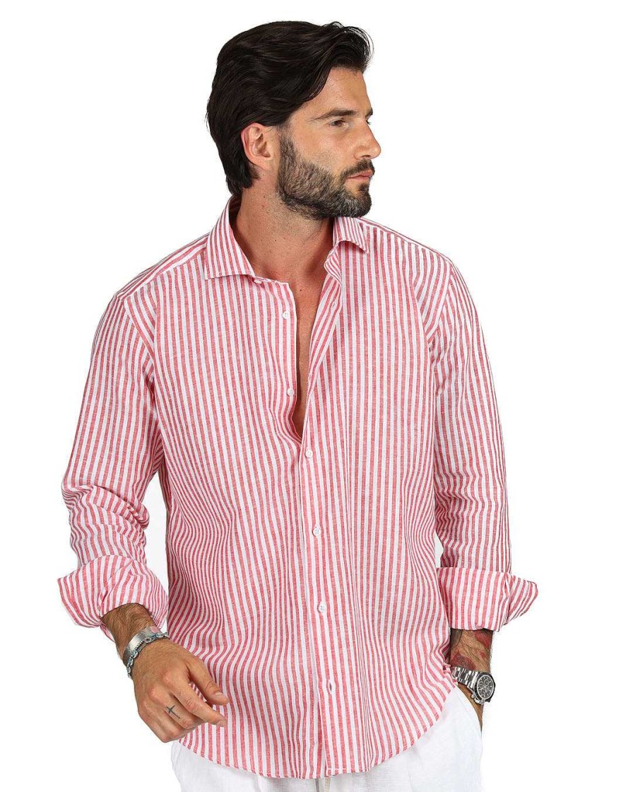 Abbigliamento SAVEONE Camicie | Ischia - Camicia Classica Righe Strette Rossa In Lino