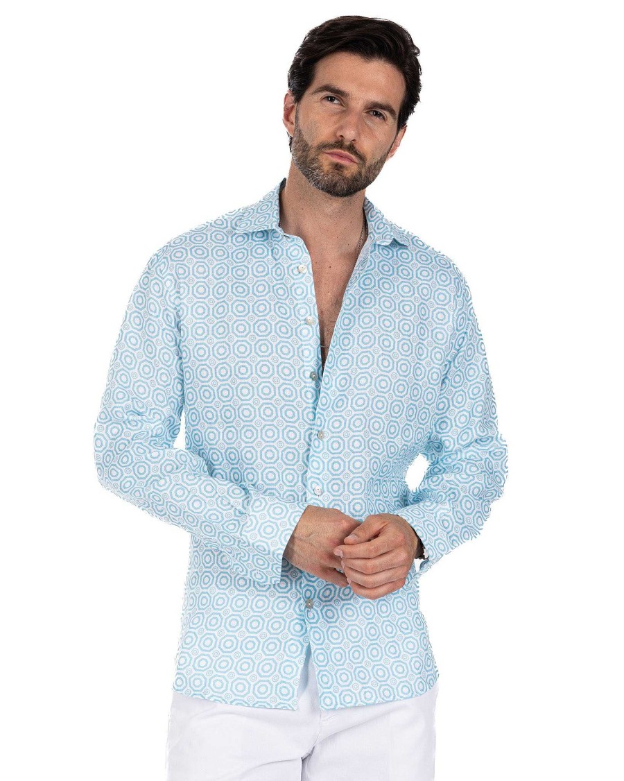 Abbigliamento SAVEONE Camicie | Maiolica - Camicia Stampata Celeste In Lino