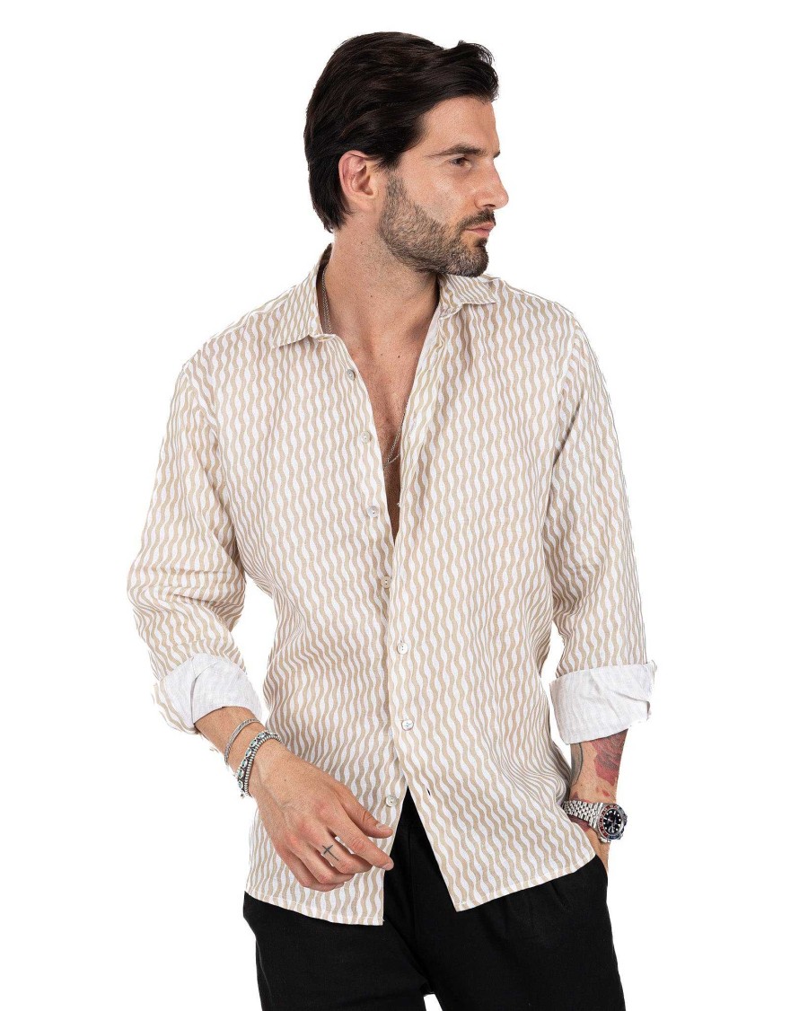 Abbigliamento SAVEONE Camicie | Onda - Camicia Stampata Beige In Lino