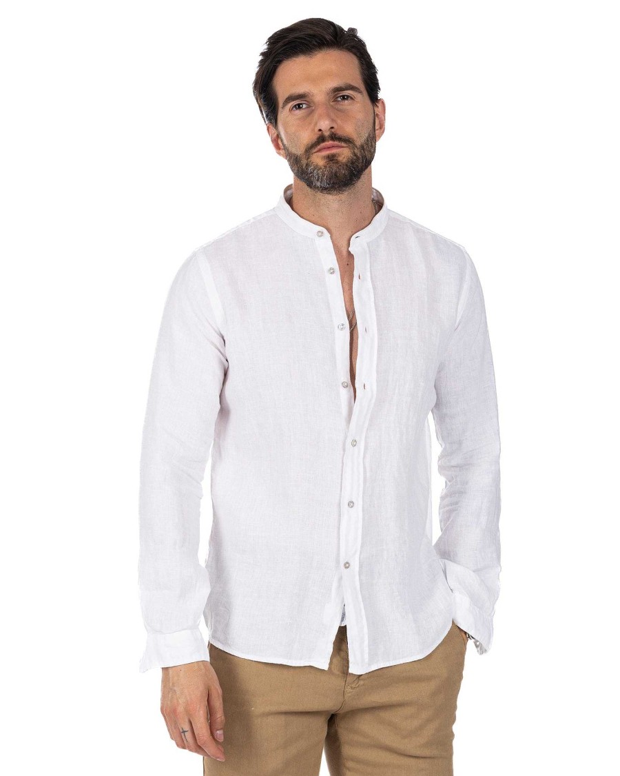 Abbigliamento SAVEONE Camicie | Nizza - Camicia Coreana In Puro Lino Bianco