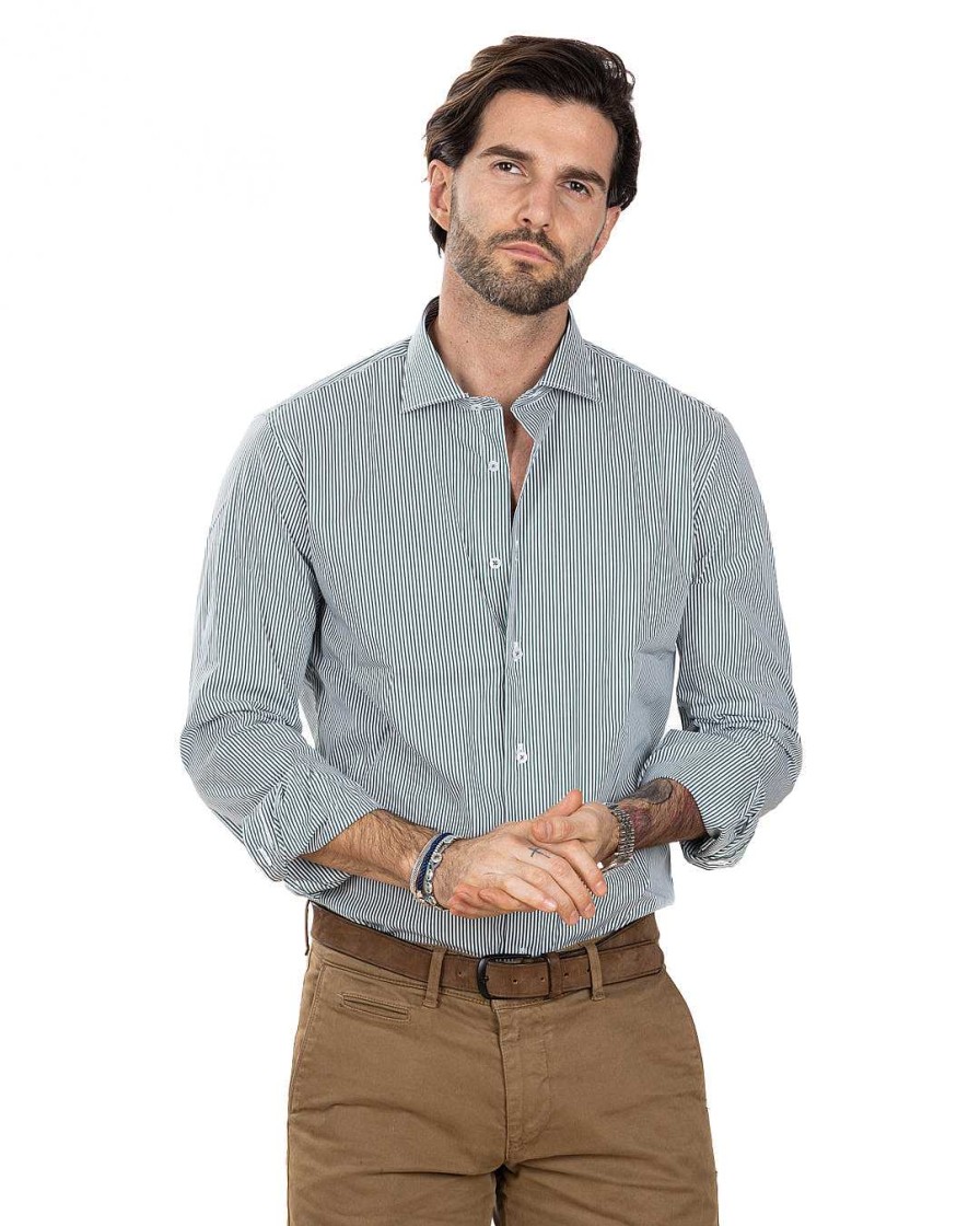 Abbigliamento SAVEONE Camicie | Camicia - Basic Classica Riga Stretta Verde In Cotone