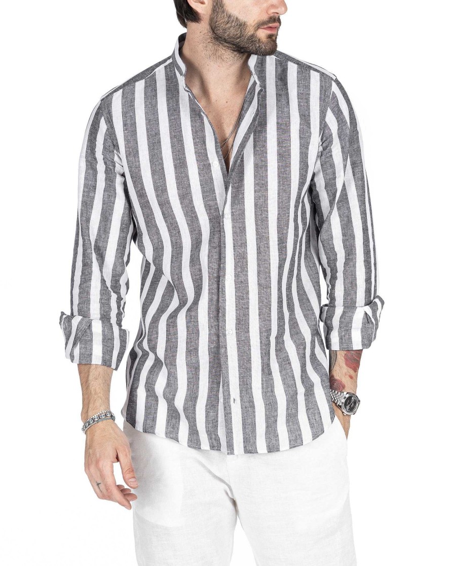 Abbigliamento SAVEONE Camicie | Amalfi - Camicia Corea A Righe Larghe Nera