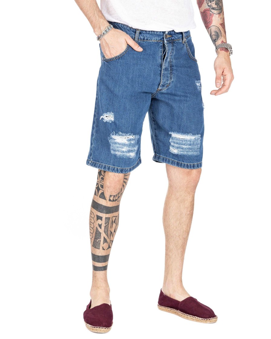 Abbigliamento SAVEONE Bermuda | Floyd - Bermuda Jeans Blu Con Rotture