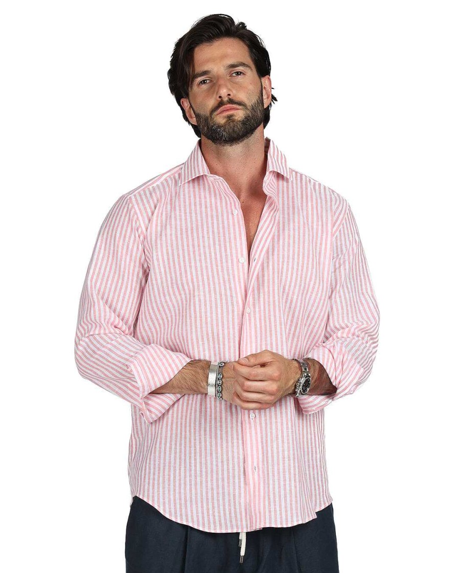 Abbigliamento SAVEONE Camicie | Ischia - Camicia Classica Righe Strette Rosa In Lino