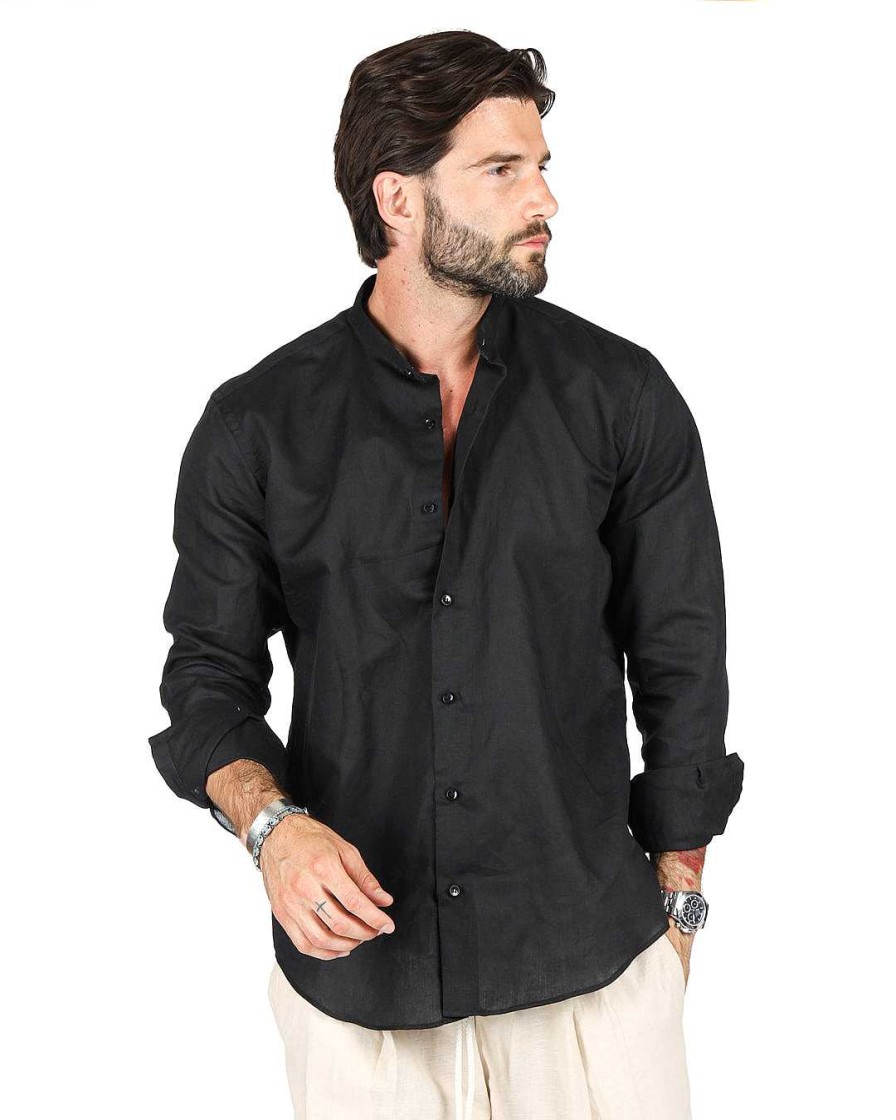 Abbigliamento SAVEONE Camicie | Positano - Camicia Coreana Nera In Lino