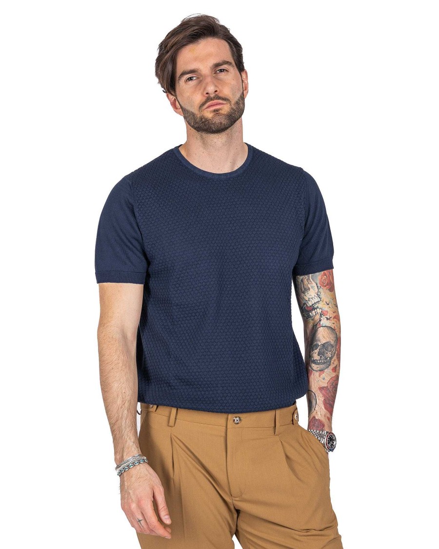 Abbigliamento SAVEONE T-Shirts | Carlos - T-Shirt Tramata In Maglia Blu