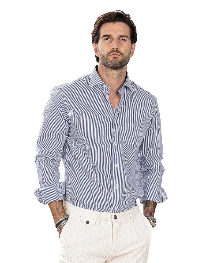 Abbigliamento SAVEONE Camicie | Camicia - Basic Classica Riga Stretta Azzurra In Cotone