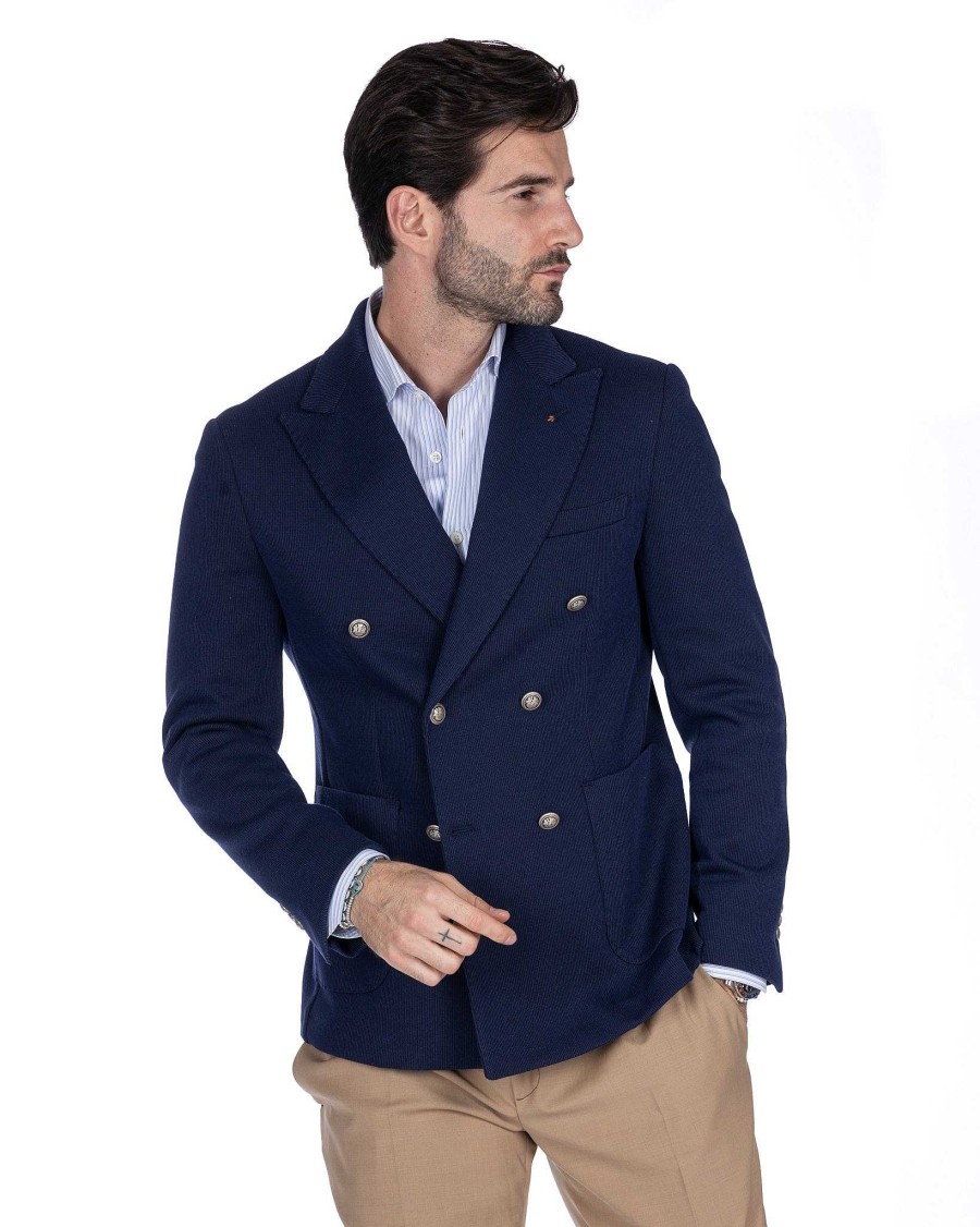 Abbigliamento SAVEONE Blazer E Giacche | Adolfo - Giacca Blu Doppiopetto In Maglina