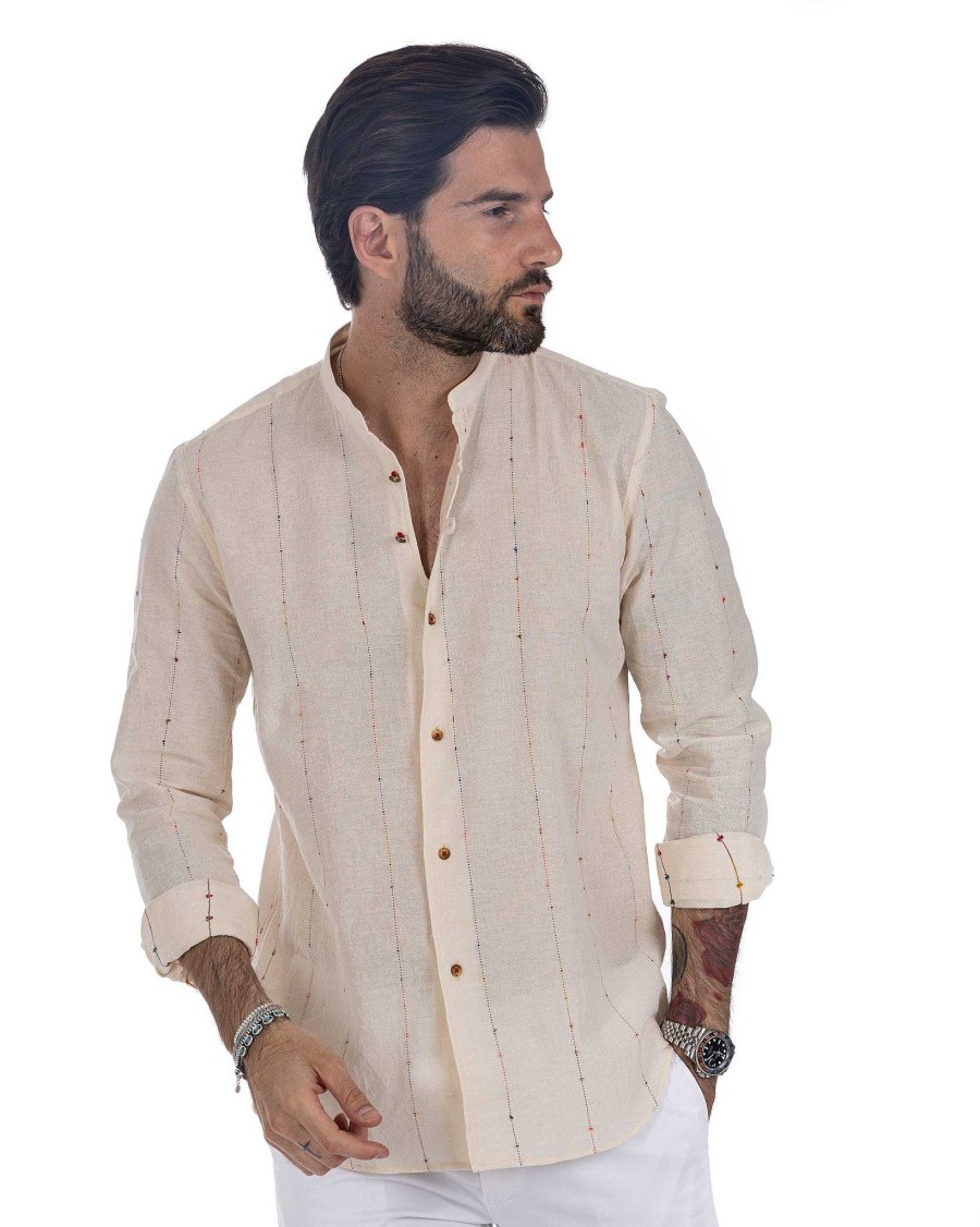 Abbigliamento SAVEONE Camicie | Iride - Camicia Coreana Con Righe In Rilievo Beige