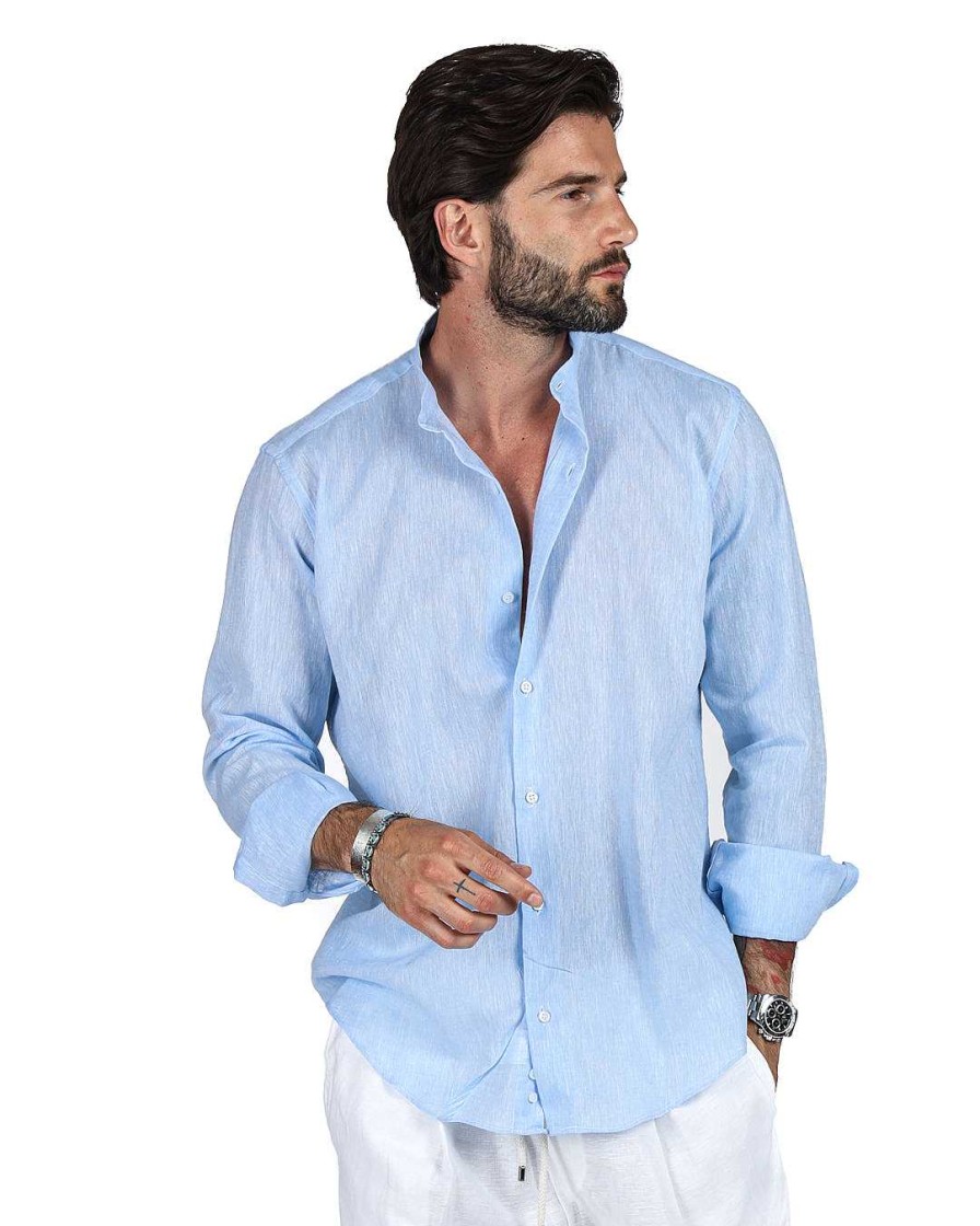 Abbigliamento SAVEONE Camicie | Positano - Camicia Coreana Azzurra In Lino