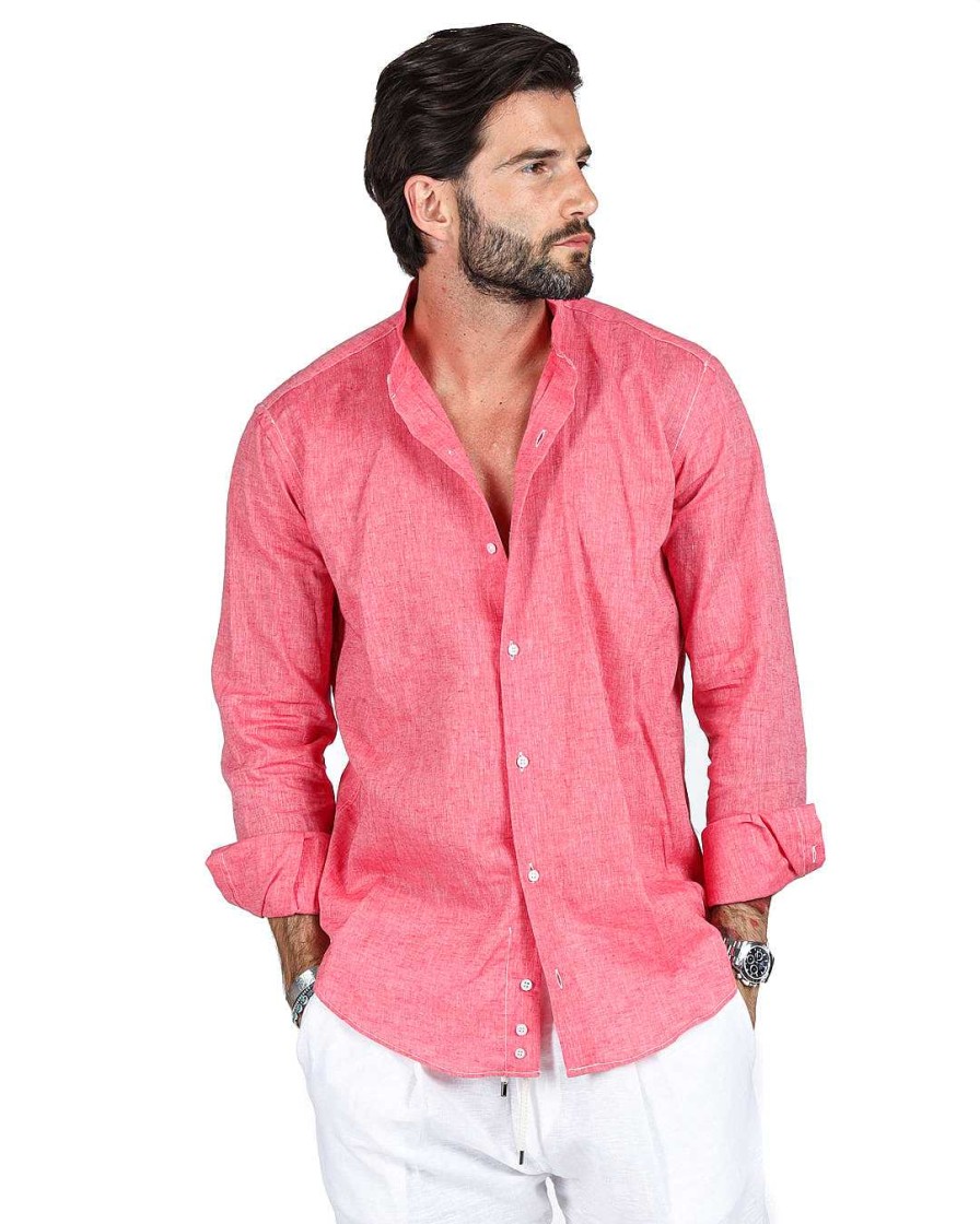 Abbigliamento SAVEONE Camicie | Positano - Camicia Coreana Corallo In Lino