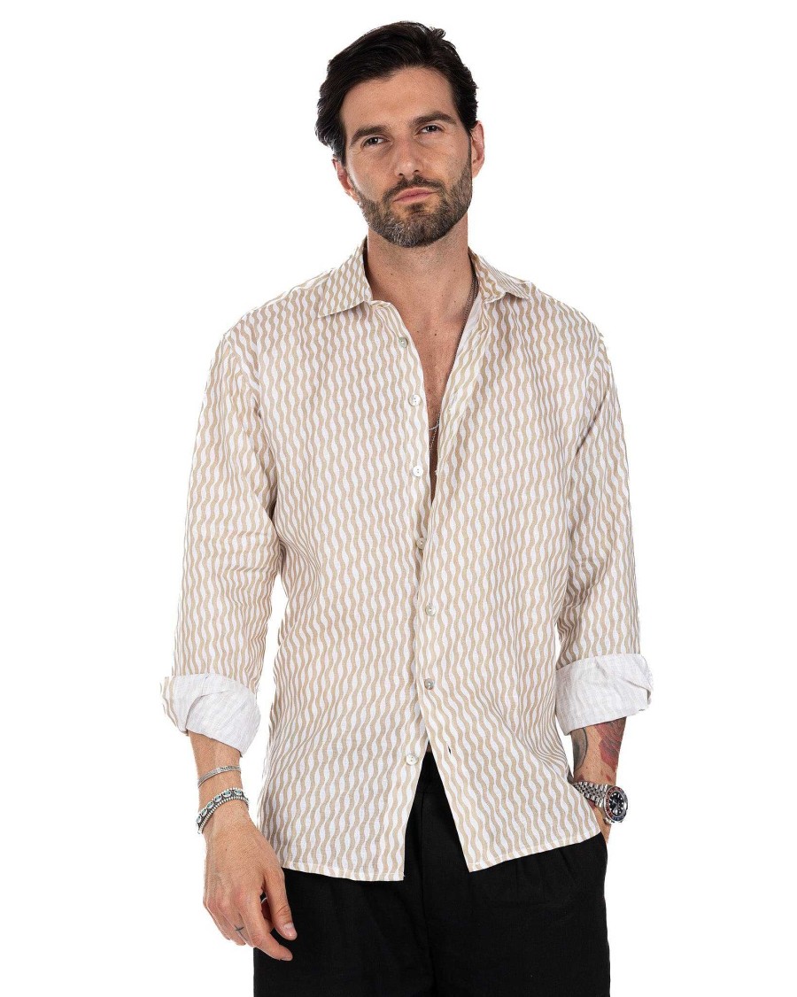 Abbigliamento SAVEONE Camicie | Onda - Camicia Stampata Beige In Lino