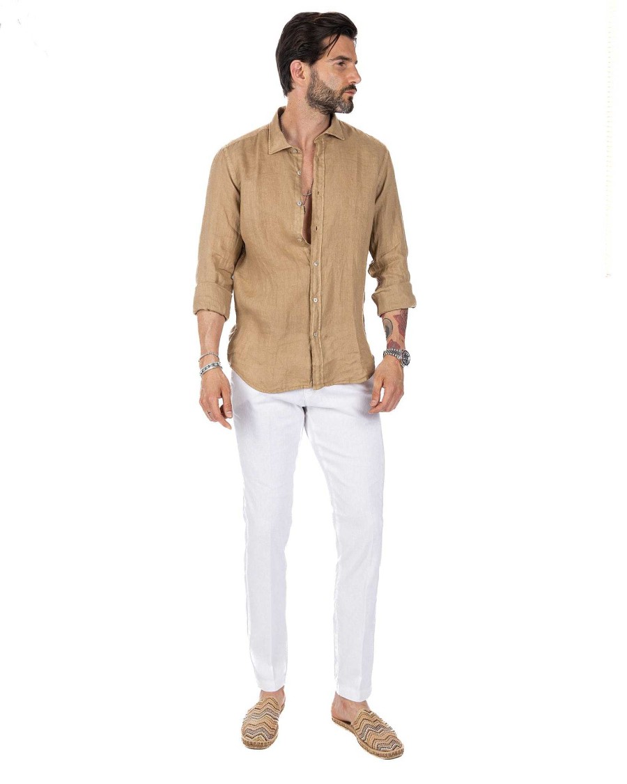 Abbigliamento SAVEONE Camicie | Montecarlo - Camicia In Puro Lino Cammello