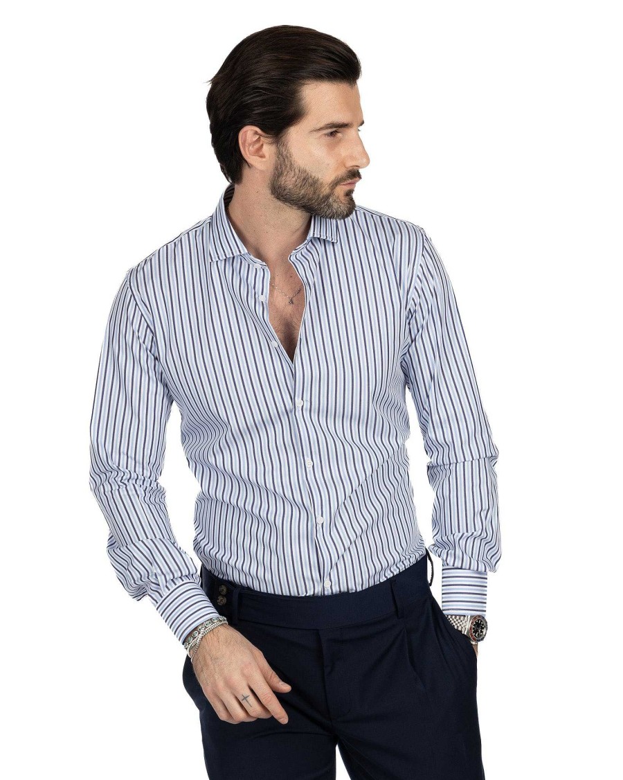 Abbigliamento SAVEONE Camicie | Camicia - Slim Fit Righe Azzurre E Blu