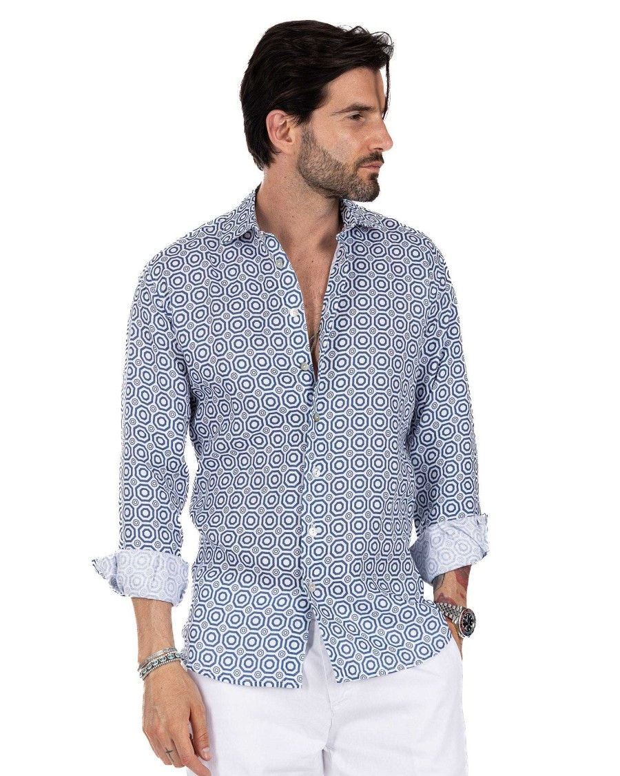 Abbigliamento SAVEONE Camicie | Maiolica - Camicia Stampata Blu In Lino