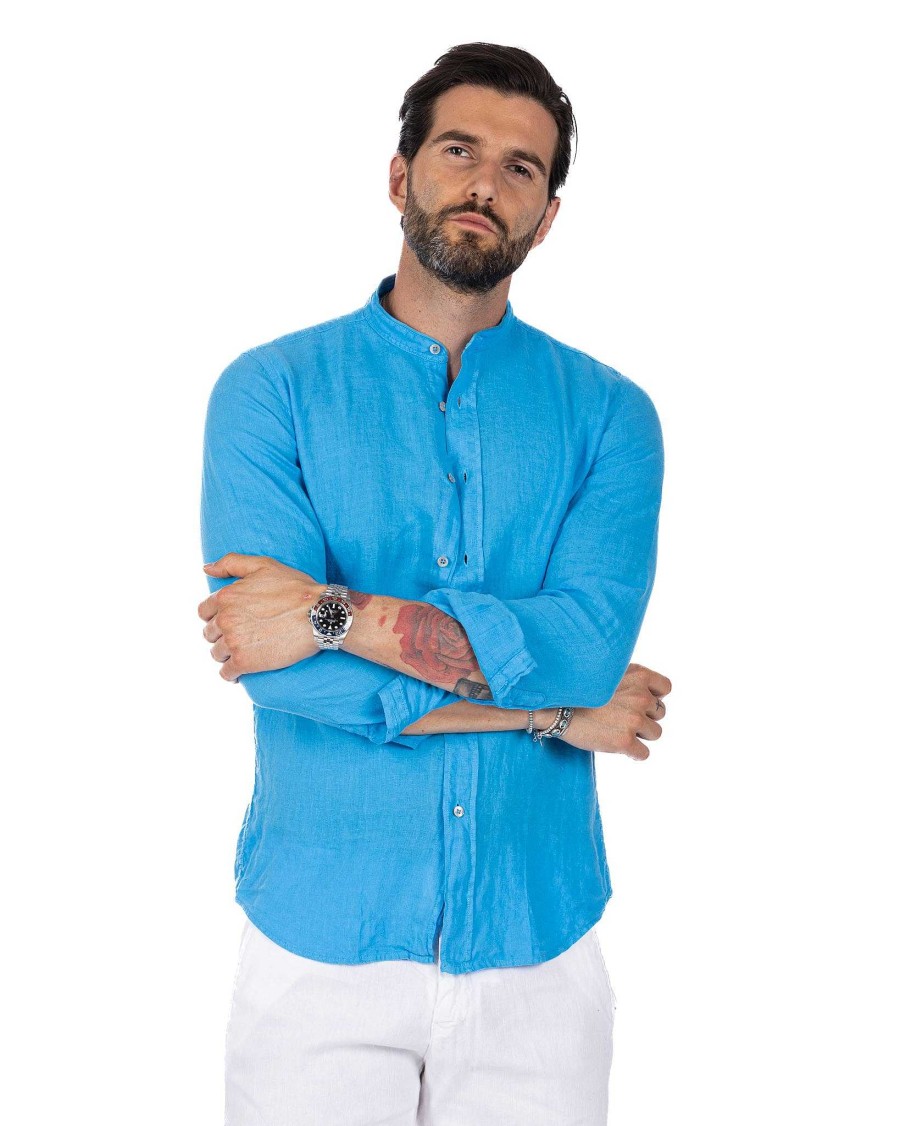 Abbigliamento SAVEONE Camicie | Nizza - Camicia Coreana In Puro Lino Turchese