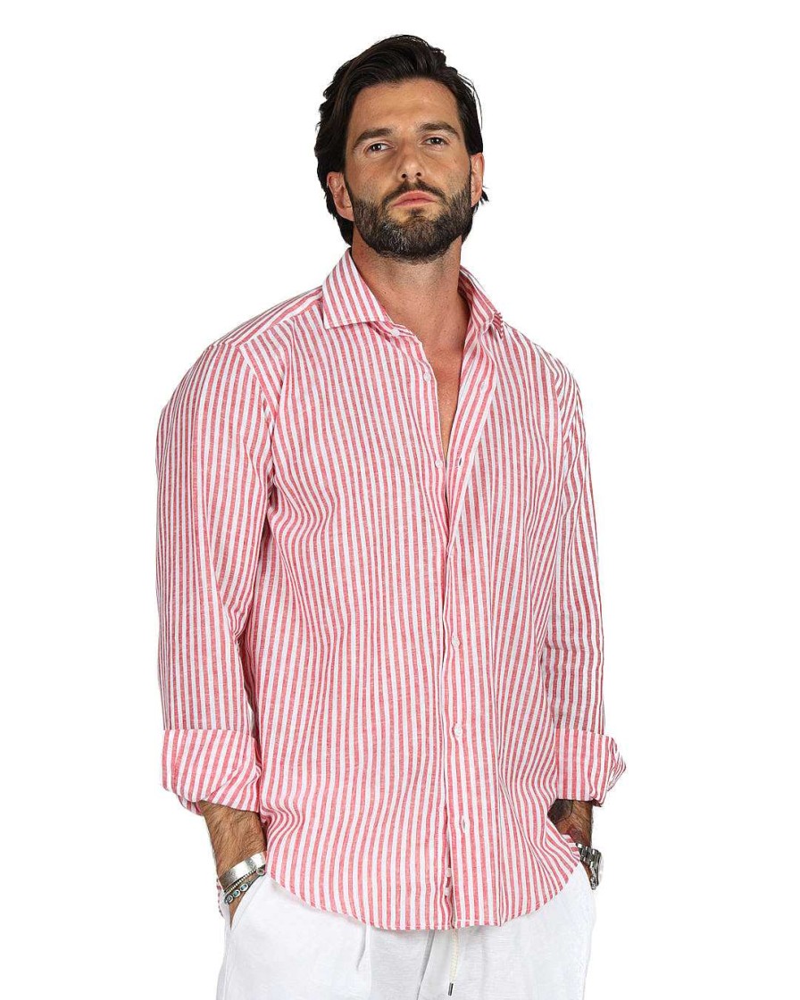 Abbigliamento SAVEONE Camicie | Ischia - Camicia Classica Righe Strette Rossa In Lino