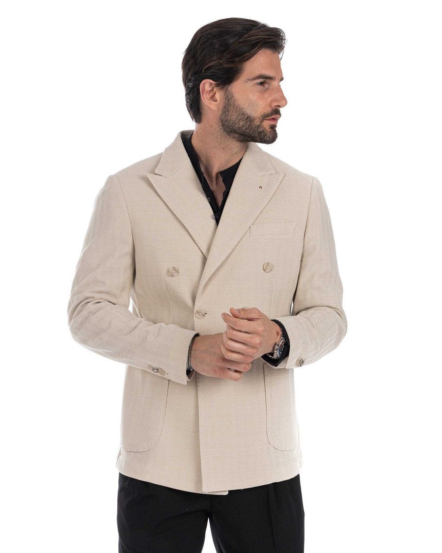 Abbigliamento SAVEONE Blazer E Giacche | Modica - Giacca Doppiopetto Solaro Beige