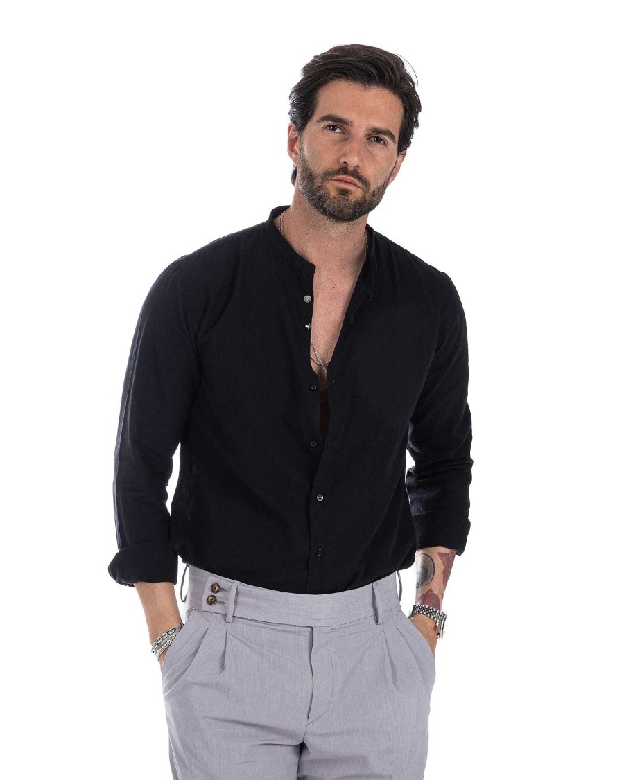 Abbigliamento SAVEONE Camicie | Hyeres - Camicia Coreana Nera In Cotone