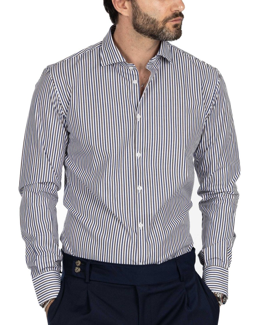 Abbigliamento SAVEONE Camicie | Camicia - Slim Fit Righe Marrone E Blu