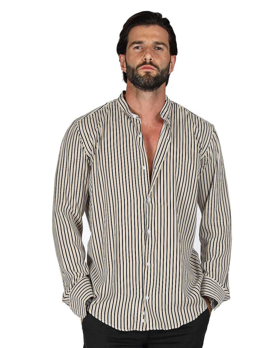 Abbigliamento SAVEONE Camicie | Barbuda - Camicia Coreana Fantasia A Righe Beige