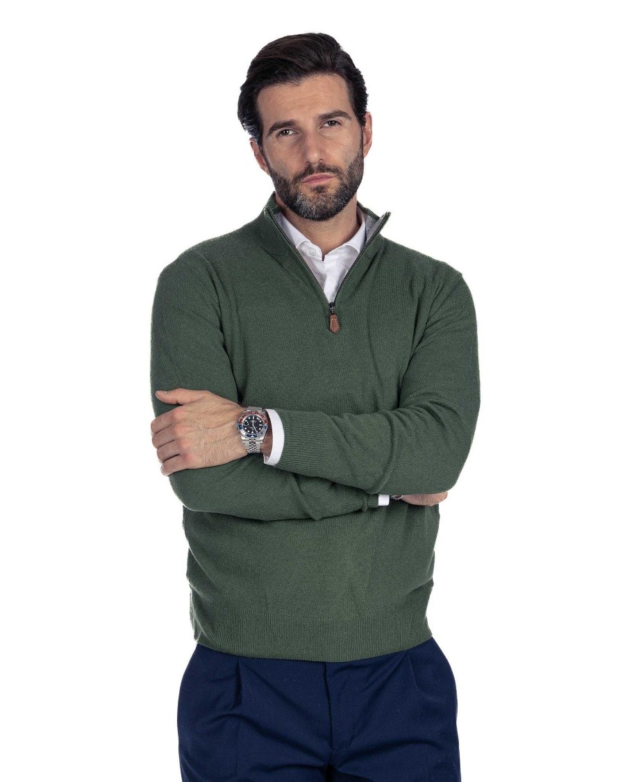 Abbigliamento SAVEONE Maglioni | Rory - Maglione Verde Con Zip In Misto Cachemire